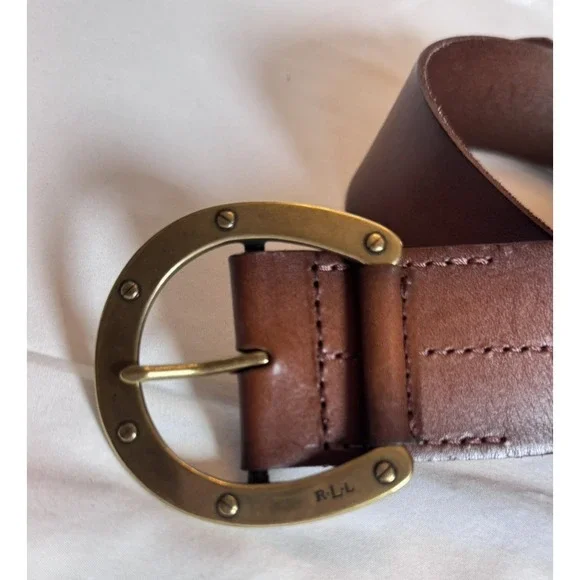 Ralph Lauren Brown Leather Belt Brass Horseshoe Buckle Western 33.5" Equestrian - Picture 2 of 9